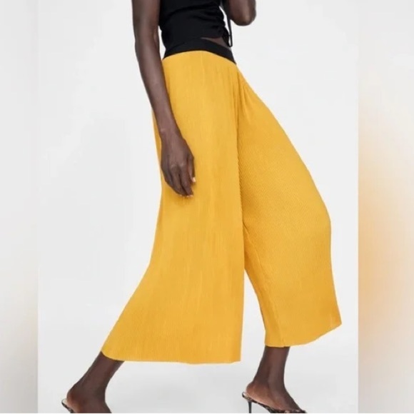 ZARA WIDE LEG CROP PANTS IN MUSTARD YELLOW - Picture 3 of 7